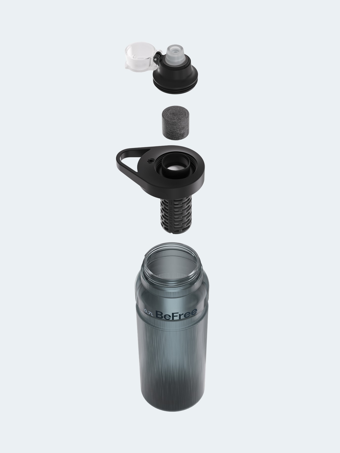 Close-up of all the different parts of the BeFree Water Filter Bottle.
